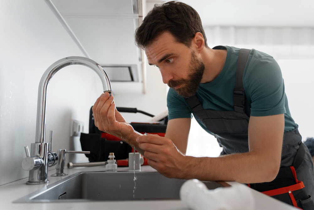 Side view man working as plumber<br />